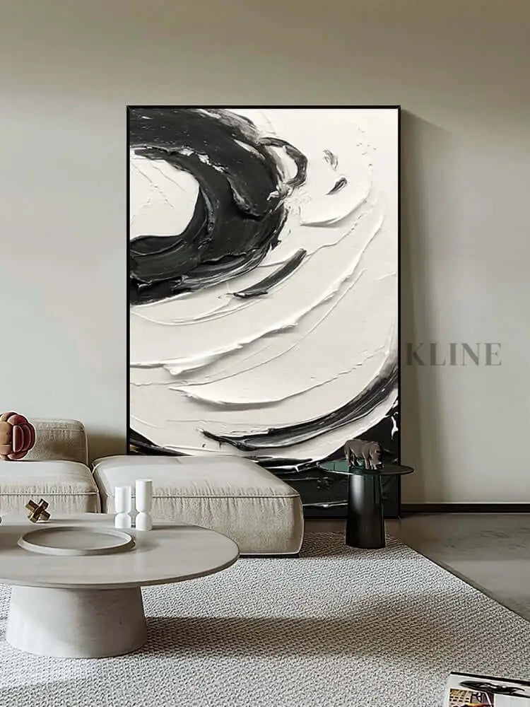 Black and White Swirling Textured Oil Painting - Hand Painting