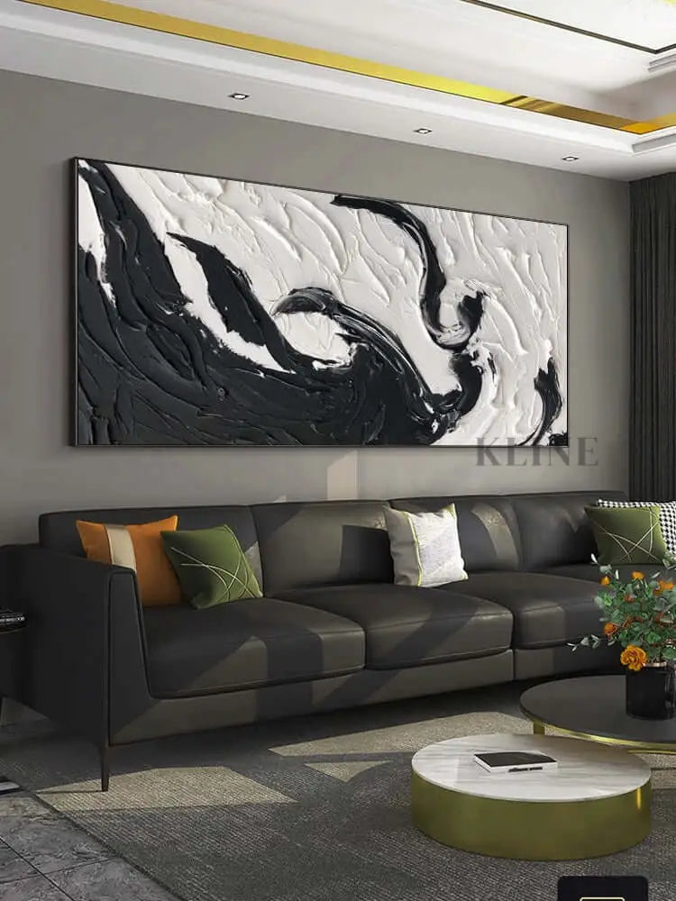 Black and White Textured Wall Art Above Couch - Hand Painting