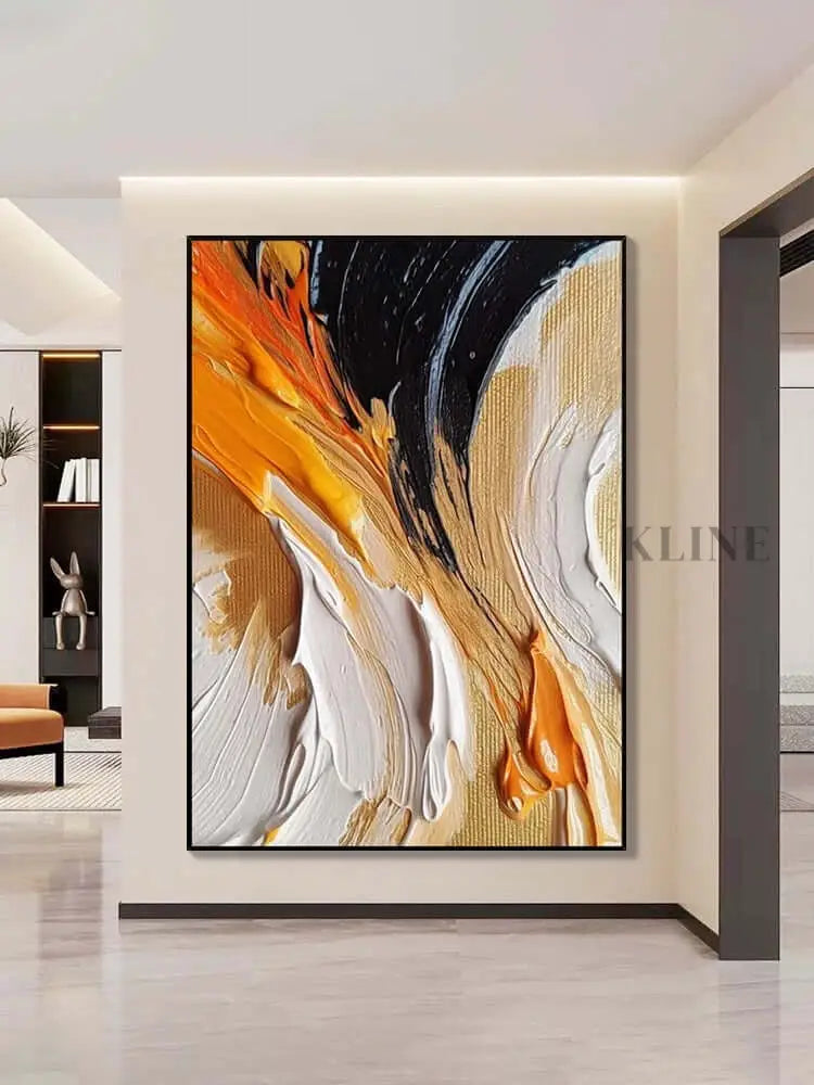 絵画、美術品 Buy 黒、オレンジ、白のマルチカラーの重い質感の壁アート Wall Art