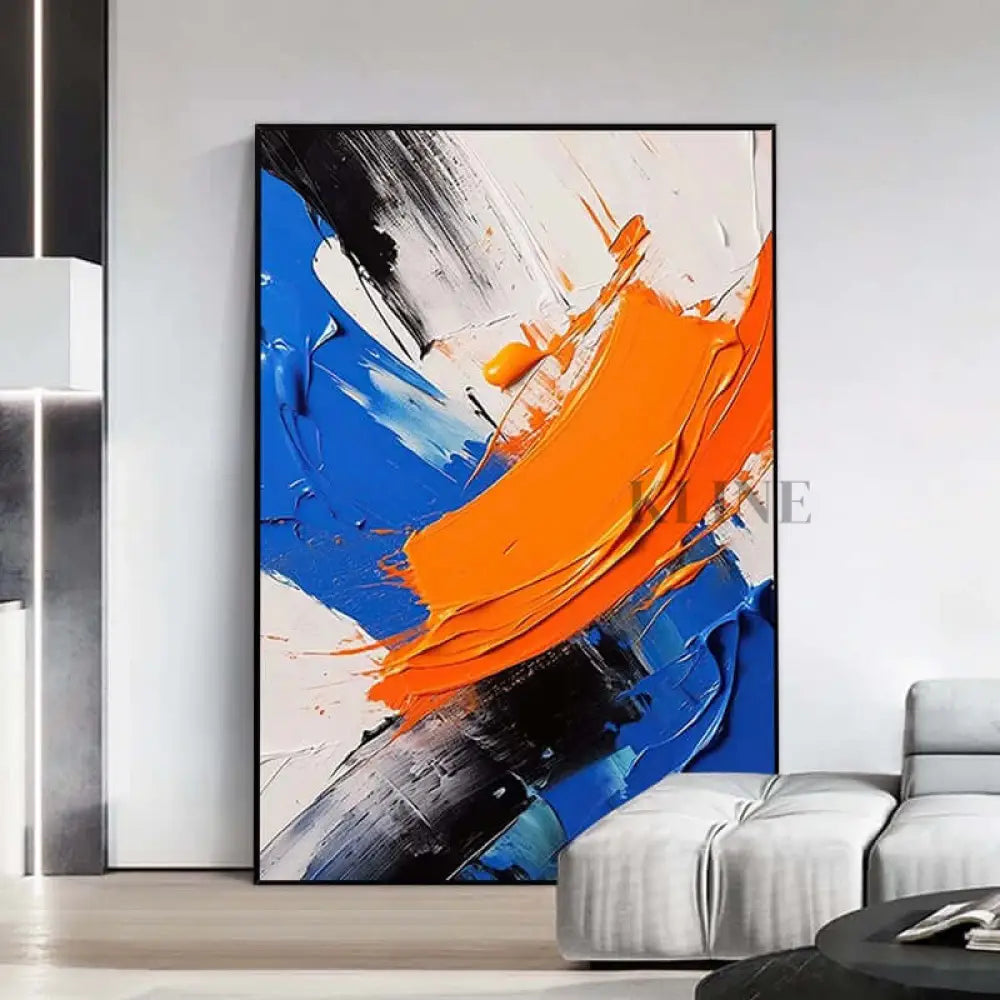 Black White Blue and Orange Textured Wall Art - Hand Painting