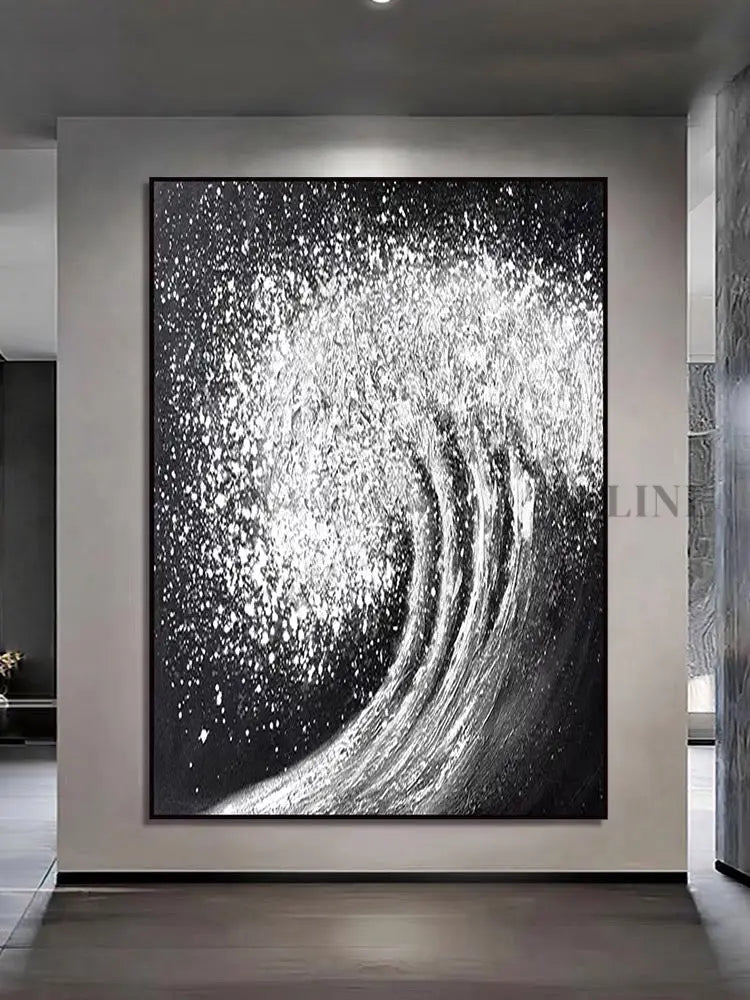 Black White Waves Painting - Hand Painting