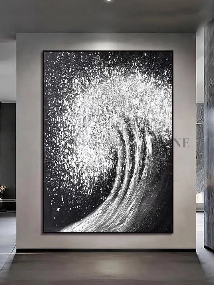 Black White Waves Painting - Hand Painting
