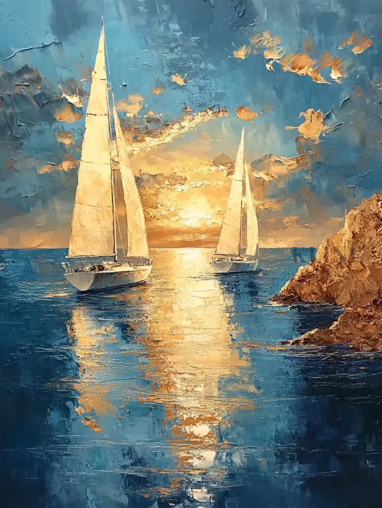 Boats Sunset Triptych - Hand Painting