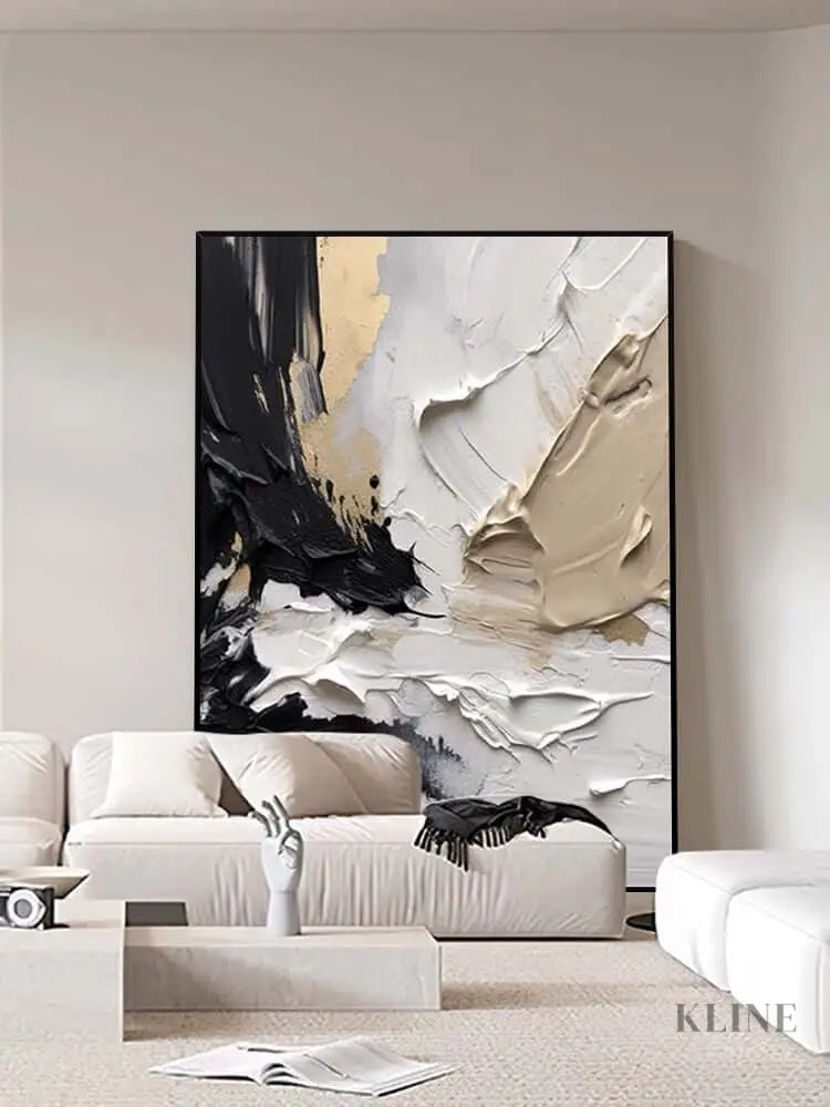 Caramel textured oil painting in modern living room decor by Kline Collective, showcasing warmth and elegance.
