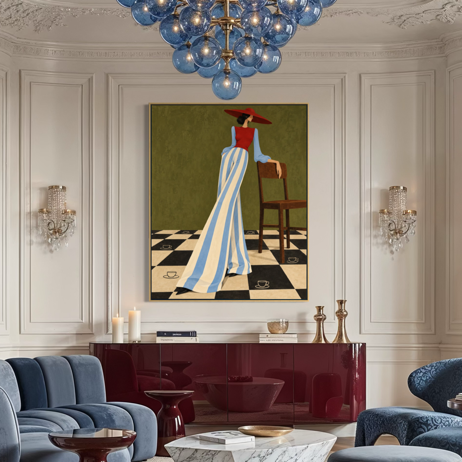 Elegant Figure in a Checkerboard Café - Hand Painting
