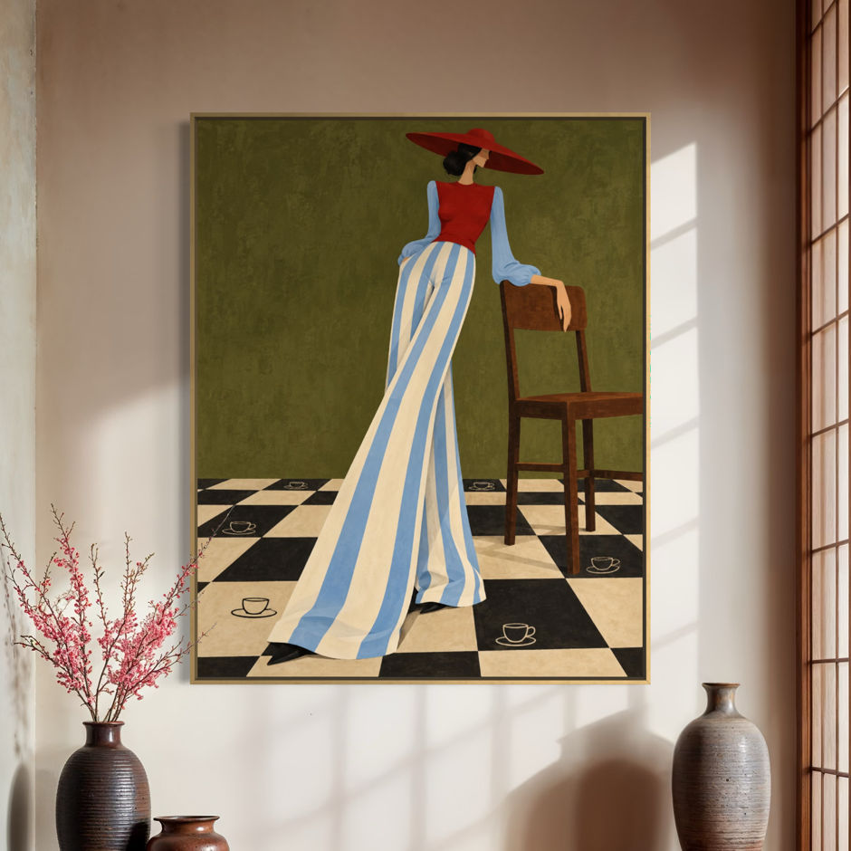Elegant Figure in a Checkerboard Café - Hand Painting