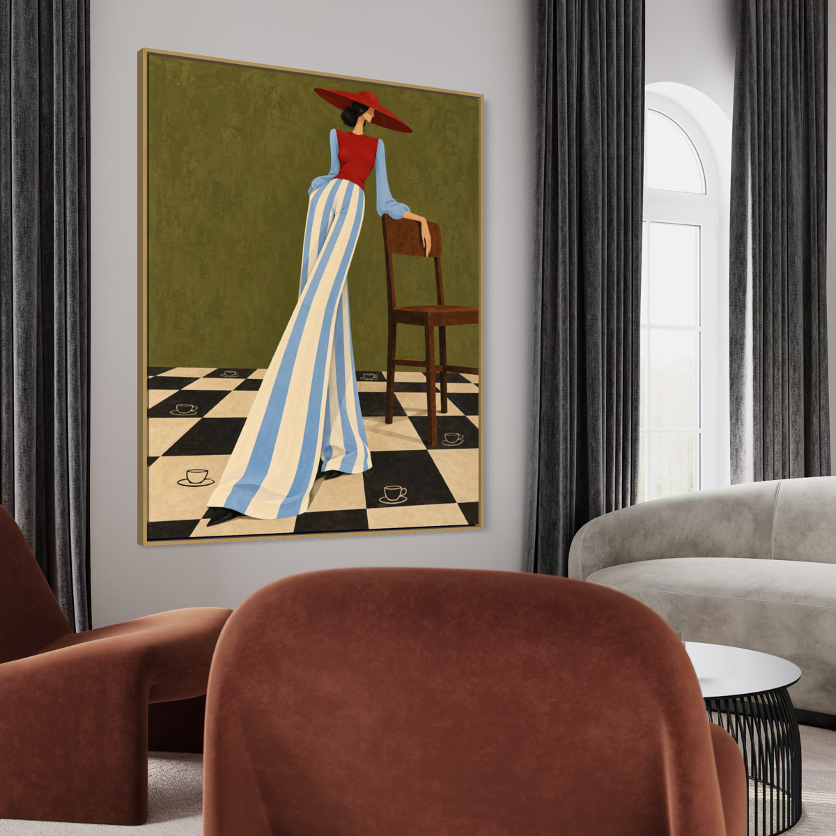 Elegant Figure in a Checkerboard Café - Hand Painting