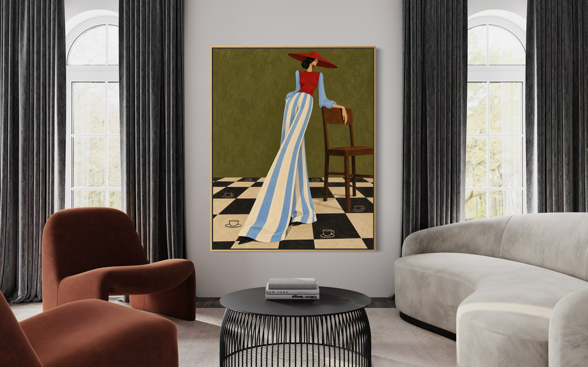 Elegant Figure in a Checkerboard Café - Hand Painting