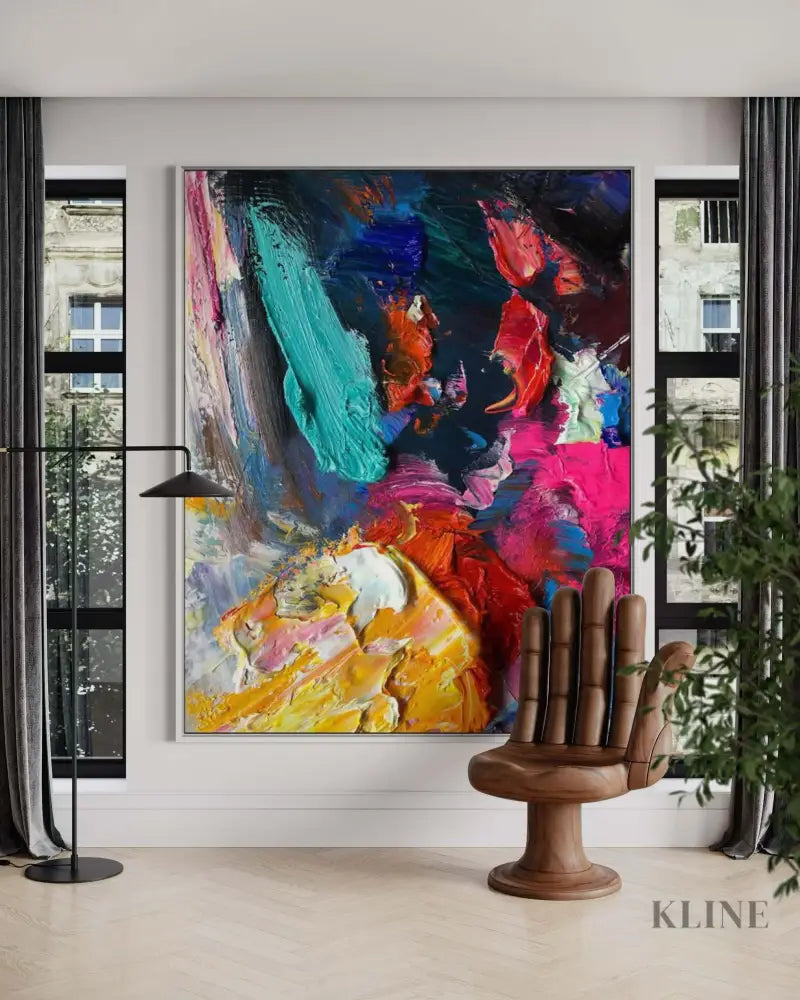 Colorful hand-painted wall art in modern living room, crafted by Kline Collective® to enhance your space.