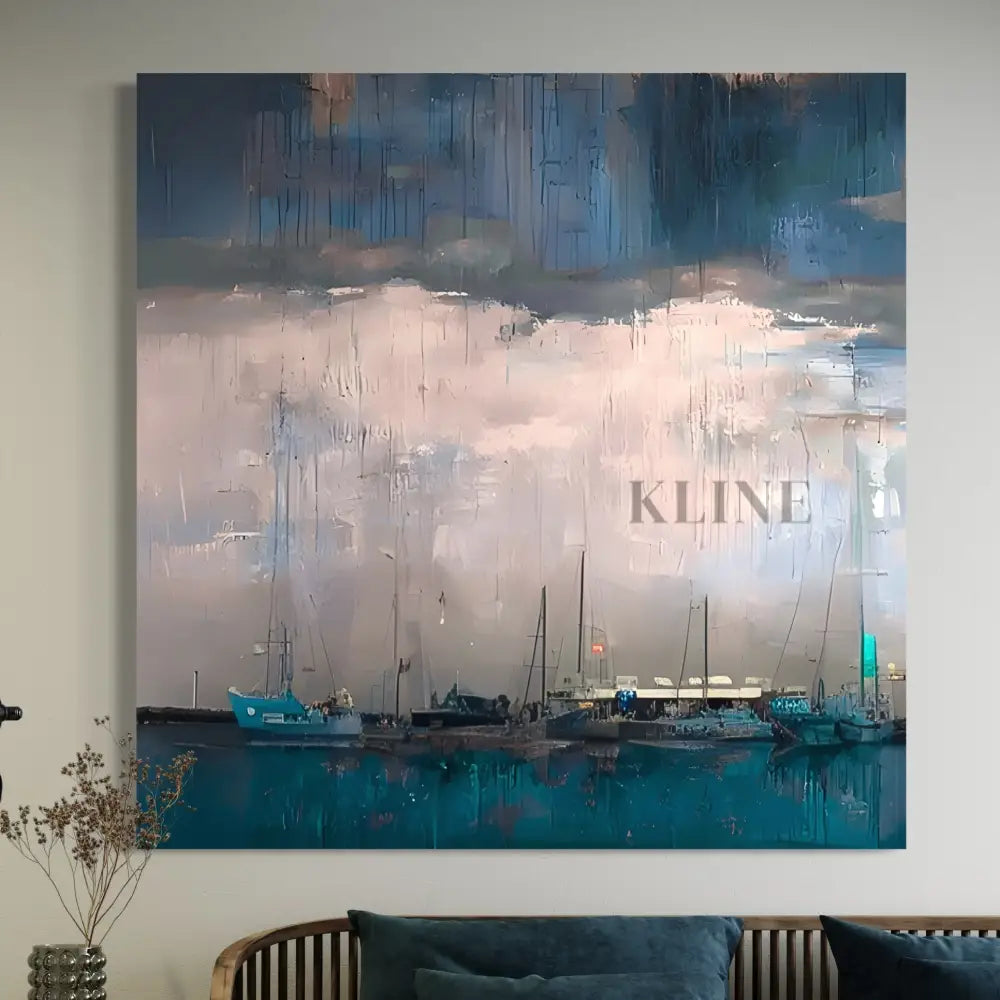 Hand-painted wall art of boats under cloudy skies by John Rey U., enhancing home decor with vibrant colors.