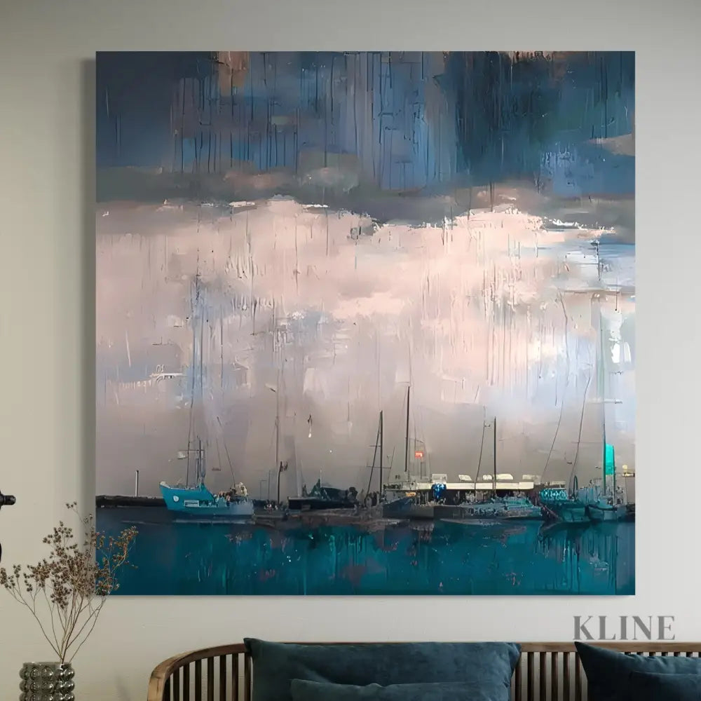 Hand-painted wall art of boats under cloudy skies by John Rey U., enhancing home decor with vibrant colors.