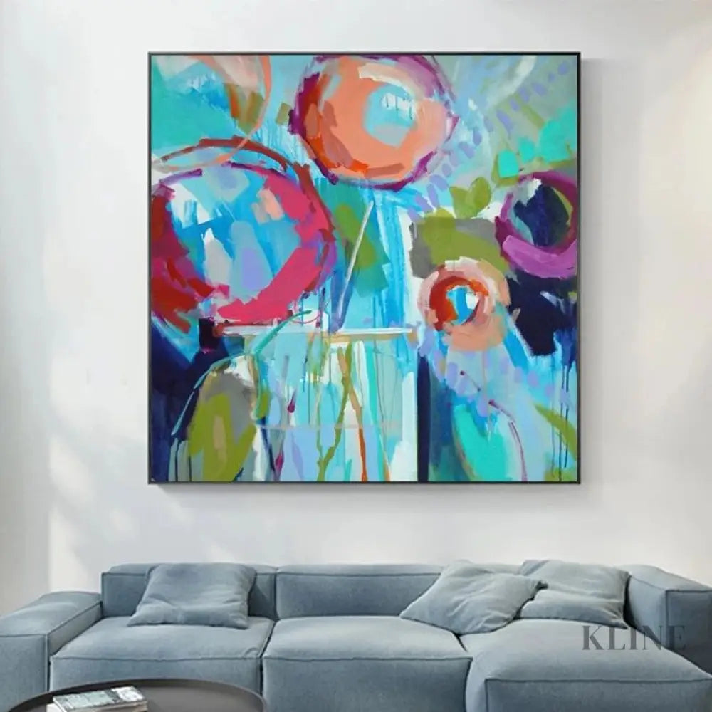 Vibrant hand-painted wall art featuring colorful fruits, adding vitality to modern living space.