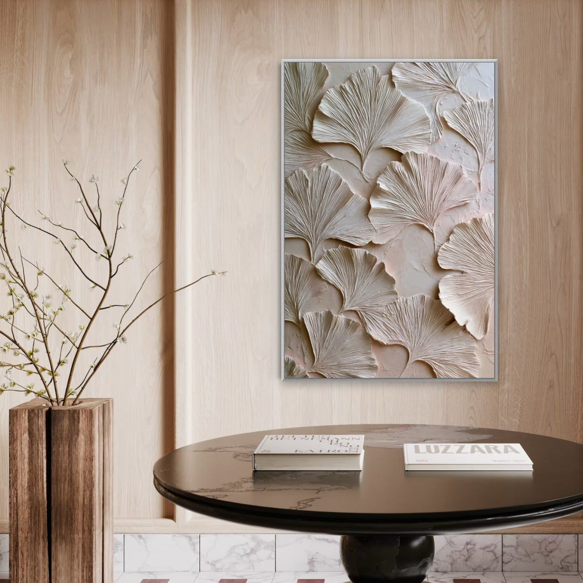 Ginkgo Relief in Soft Ivory - Hand Painting