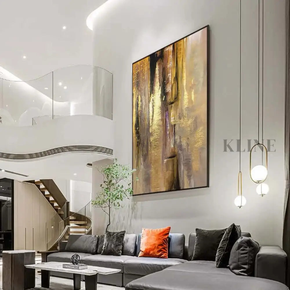 Golden Cascade hand-painted wall art in modern living room, adding warmth and sophistication to the space.