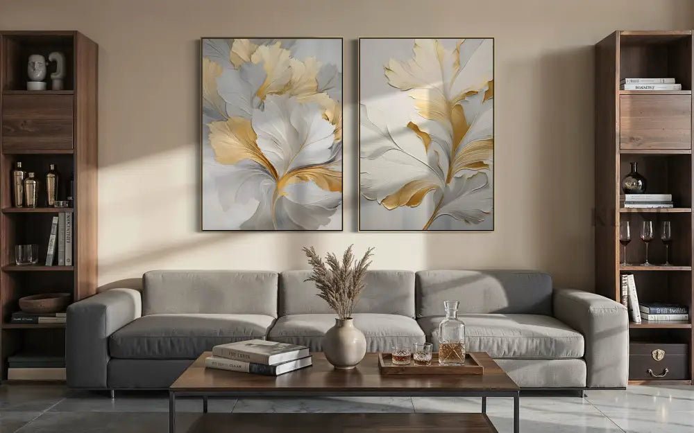 Golden Floral Diptych - Hand Painting
