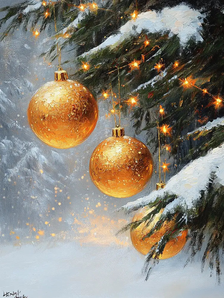 Golden Ornaments in Snow - Hand Painting
