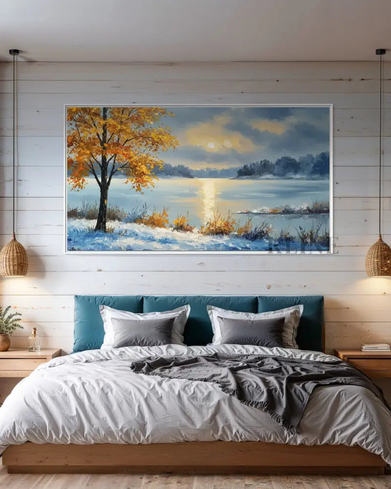 Golden Sentinels by the Frozen Mirror - Hand Painting