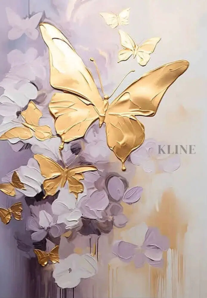 Golden Wings artwork featuring elegant golden butterflies on a purple background, adding luxury to home decor.