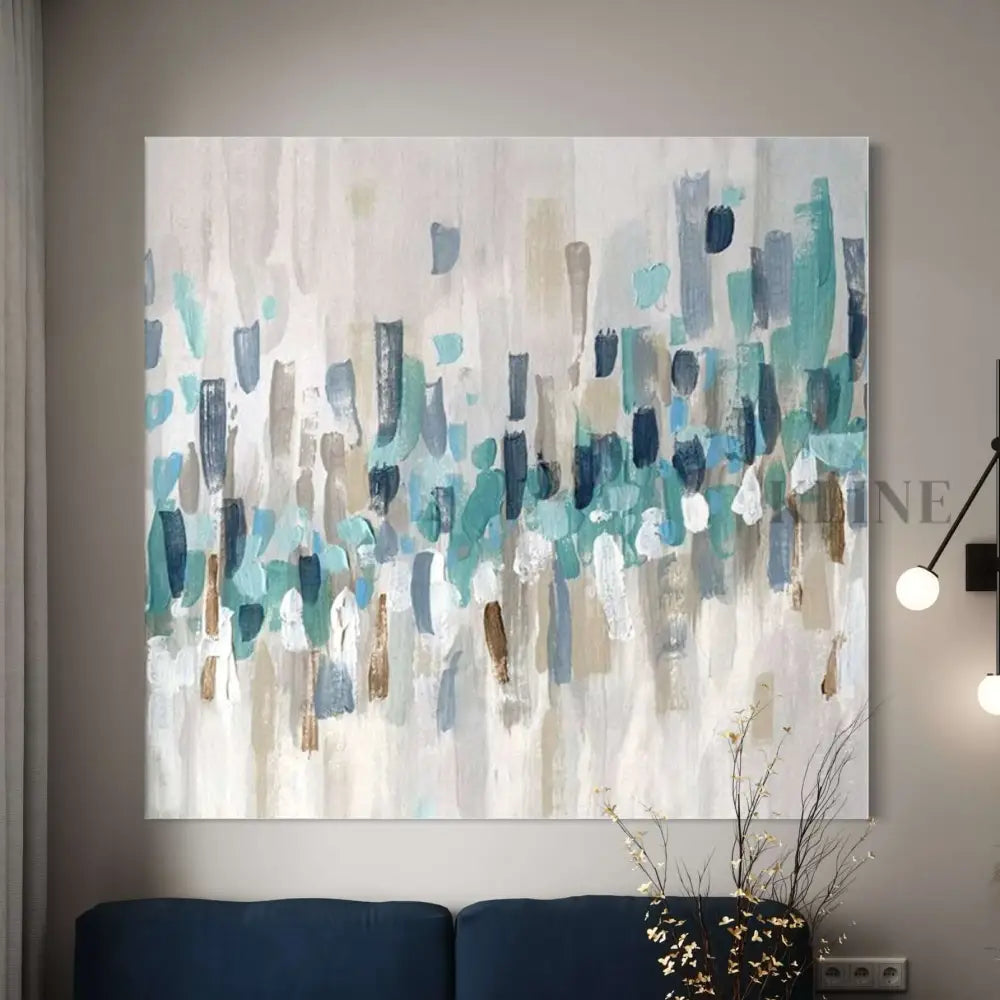 Abstract artwork featuring soft whites, shimmering silvers, and muted blues, perfect for serene, contemplative spaces.