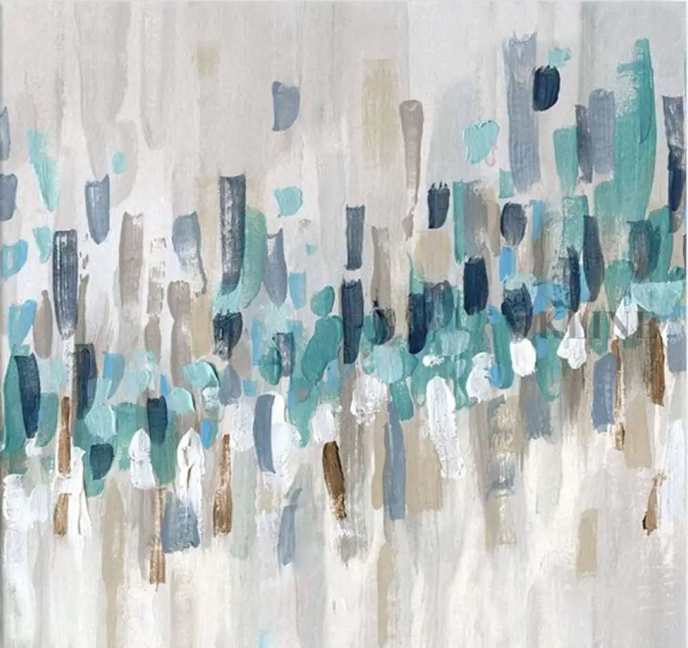 Abstract artwork titled Higher Beings, featuring layered textures in soft whites, blues, and shimmering silvers.