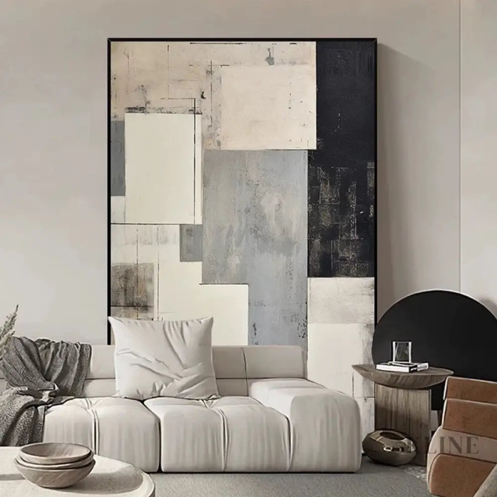 Modern Minimalist Grey Geometric Canvas Art - Hand Painting