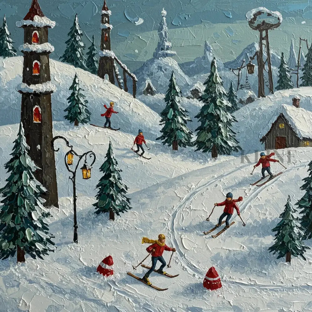Moonlit Ski Village - Hand Painting