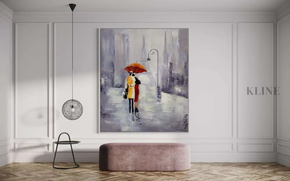 Hand-painted wall art featuring a couple with an umbrella in a Parisian setting, enhancing modern home decor.