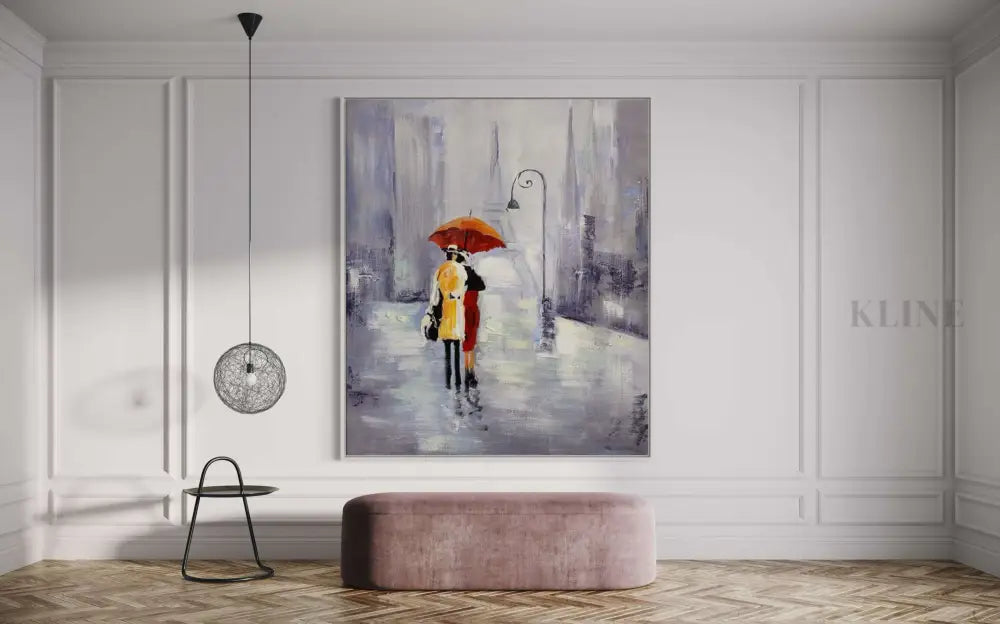 Hand-painted wall art featuring a couple with an umbrella in a Parisian setting, enhancing modern home decor.