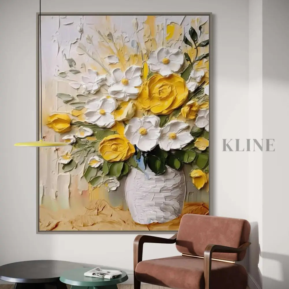 Hand-painted wall art featuring vibrant yellow roses and white flowers in a vase, perfect for home decor.