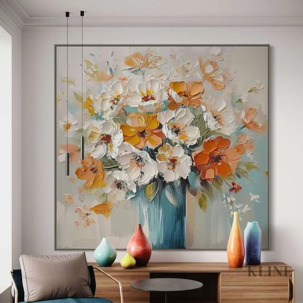 Radiance in Full Bloom artwork by Amy Wu featuring vibrant florals in a stylish living room decor.