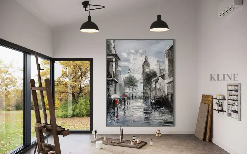 Hand-painted wall art of a Parisian street scene, enhancing modern interior decor with vibrant colors.
