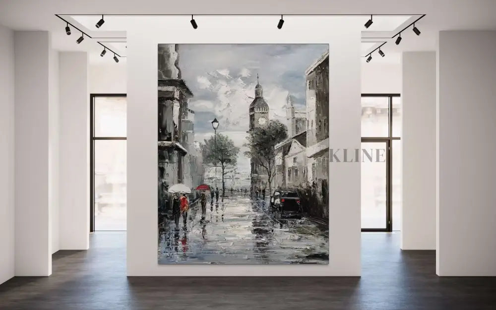 Hand-painted wall art of a misty Paris street, showcasing adventure and charm in a modern gallery setting.
