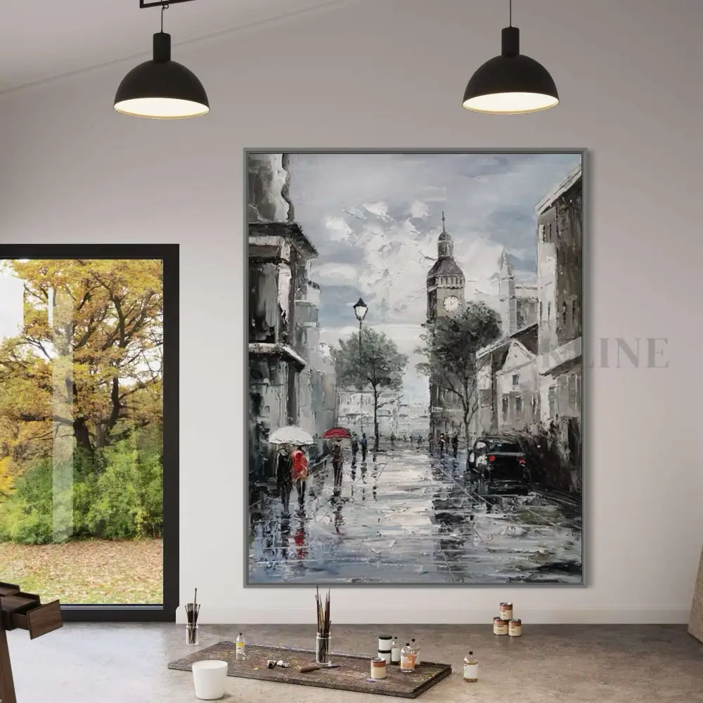 Hand-painted wall art featuring a rainy Parisian street scene, adding elegance to any living space.
