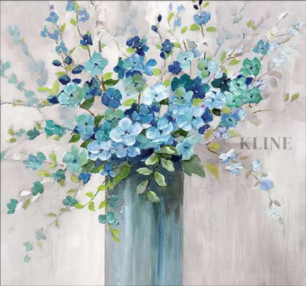 Hand-painted floral wall art featuring blue flowers in a vase, perfect for elevating any decor.