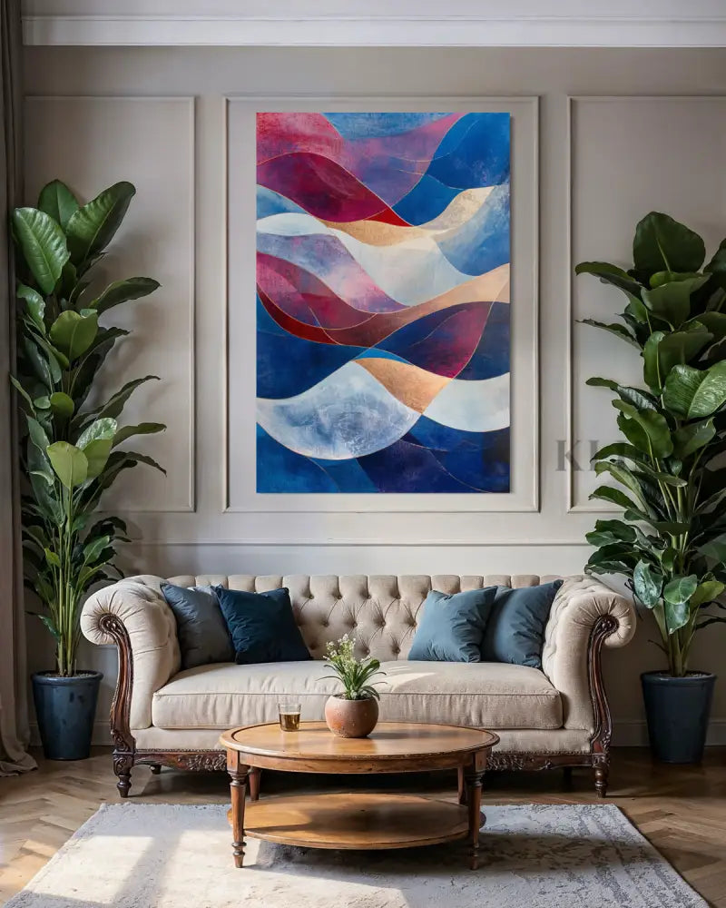 Waves of Crimson and Blue - Hand Painting