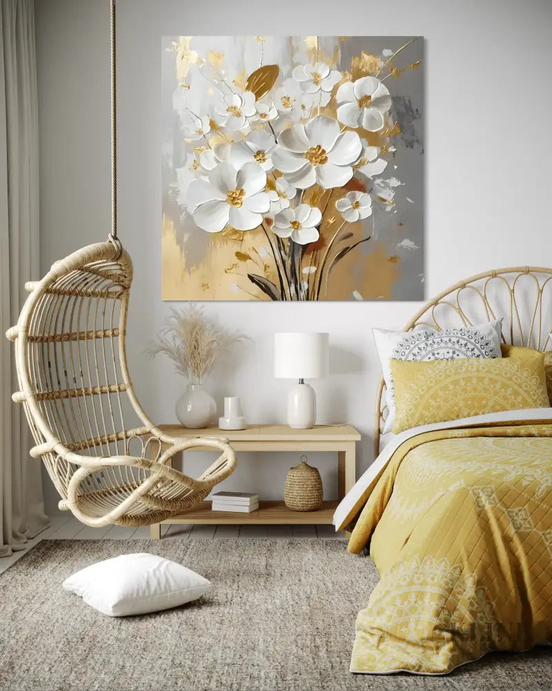 White Petals Drift Floral Canvas Painting - Hand Painting