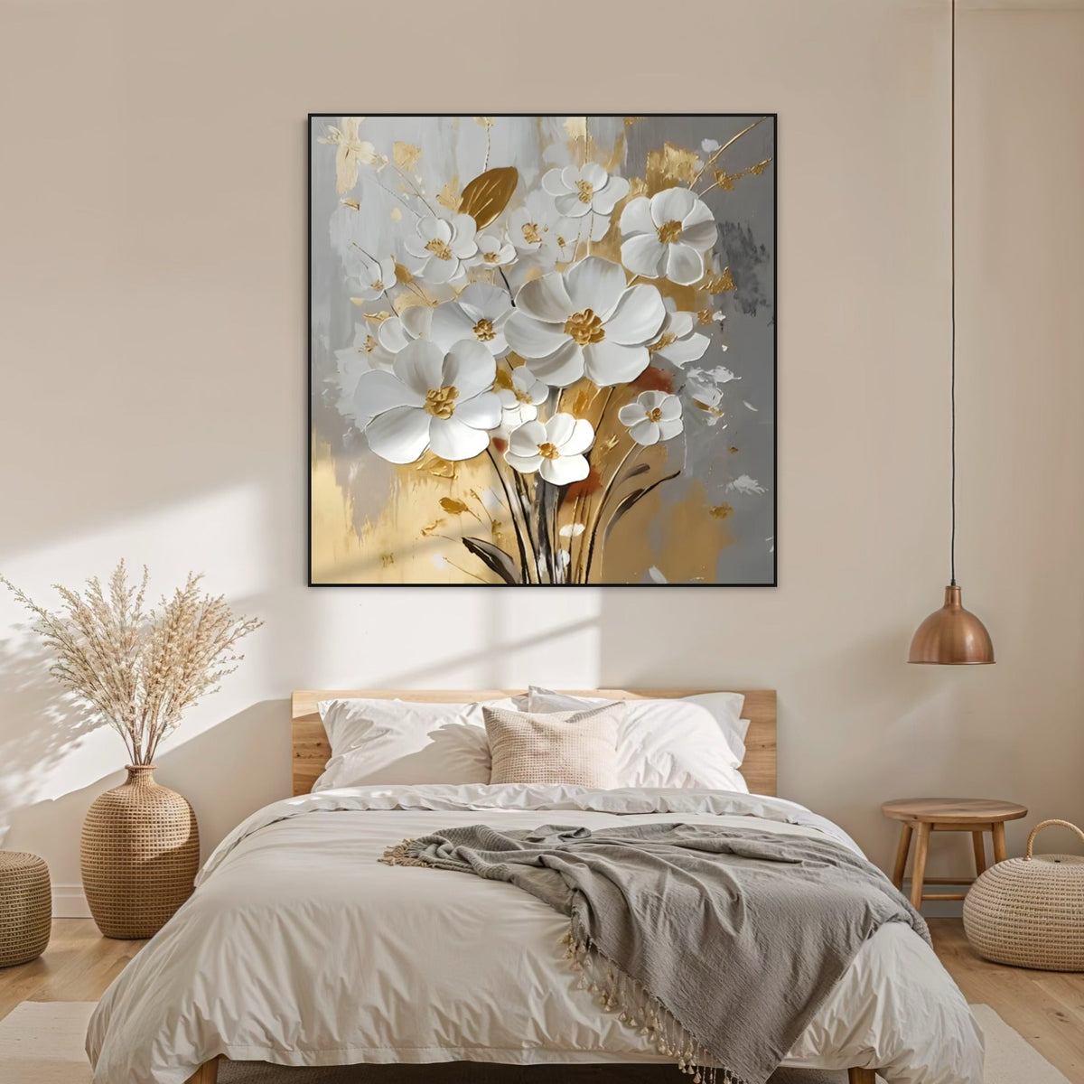 White Petals Drift Floral Canvas Painting - Hand Painting