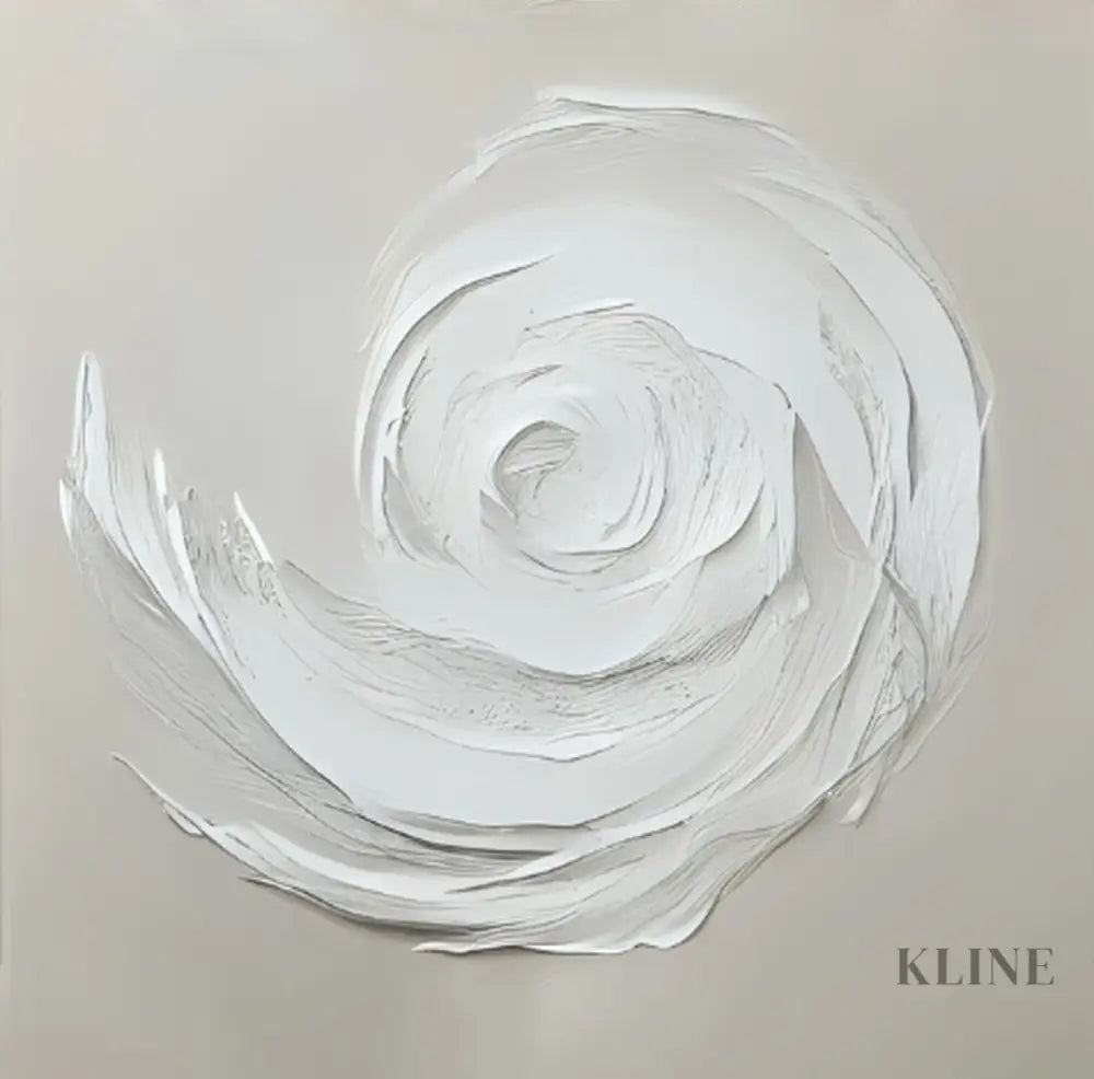 Hand-painted wall art featuring a white spiral design on museum-quality canvas by Kline Collective.