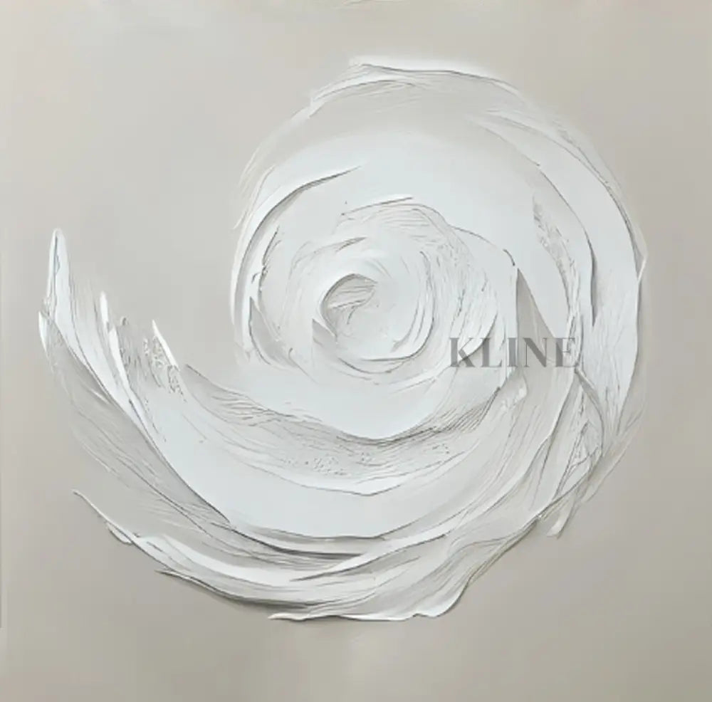 Hand-painted wall art featuring a white spiral design on museum-quality canvas by Kline Collective.