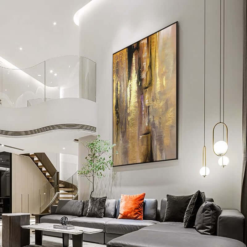 Golden Cascade hand-painted wall art in modern living room, adding warmth and sophistication to the space.