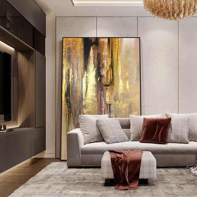 Golden Cascade custom wall art by Kline Collective, hand-painted, framed, ready to hang, enhancing modern living spaces.