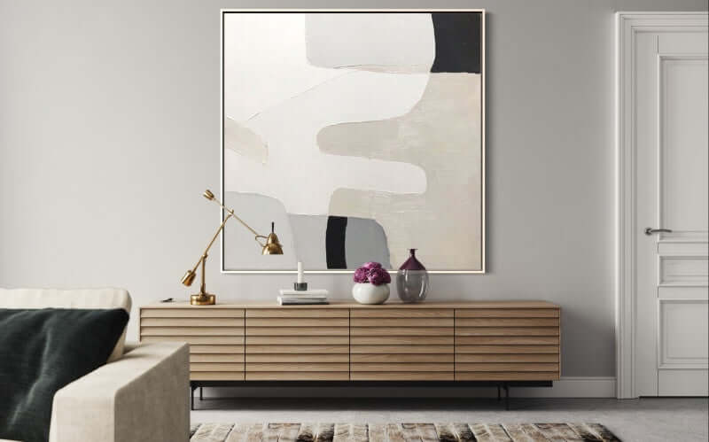 Hand-painted abstract wall art by Kline Collective® in modern living room setting, enhancing space with elegance.