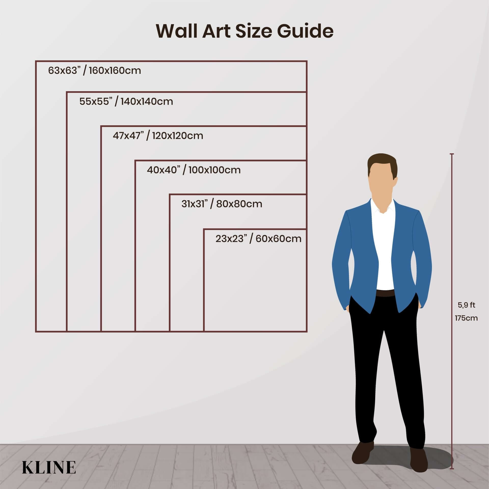 Wall art size guide showing dimensions of various artworks for Kline Collective®.
