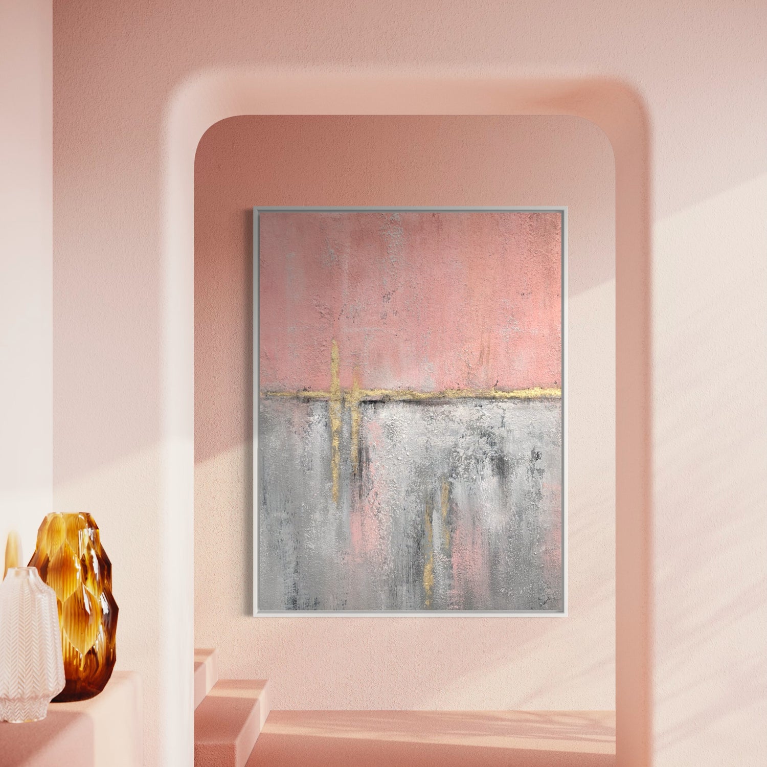 Abstract pink and gray wall art painting ideal for enhancing staircase decor in homes or offices.