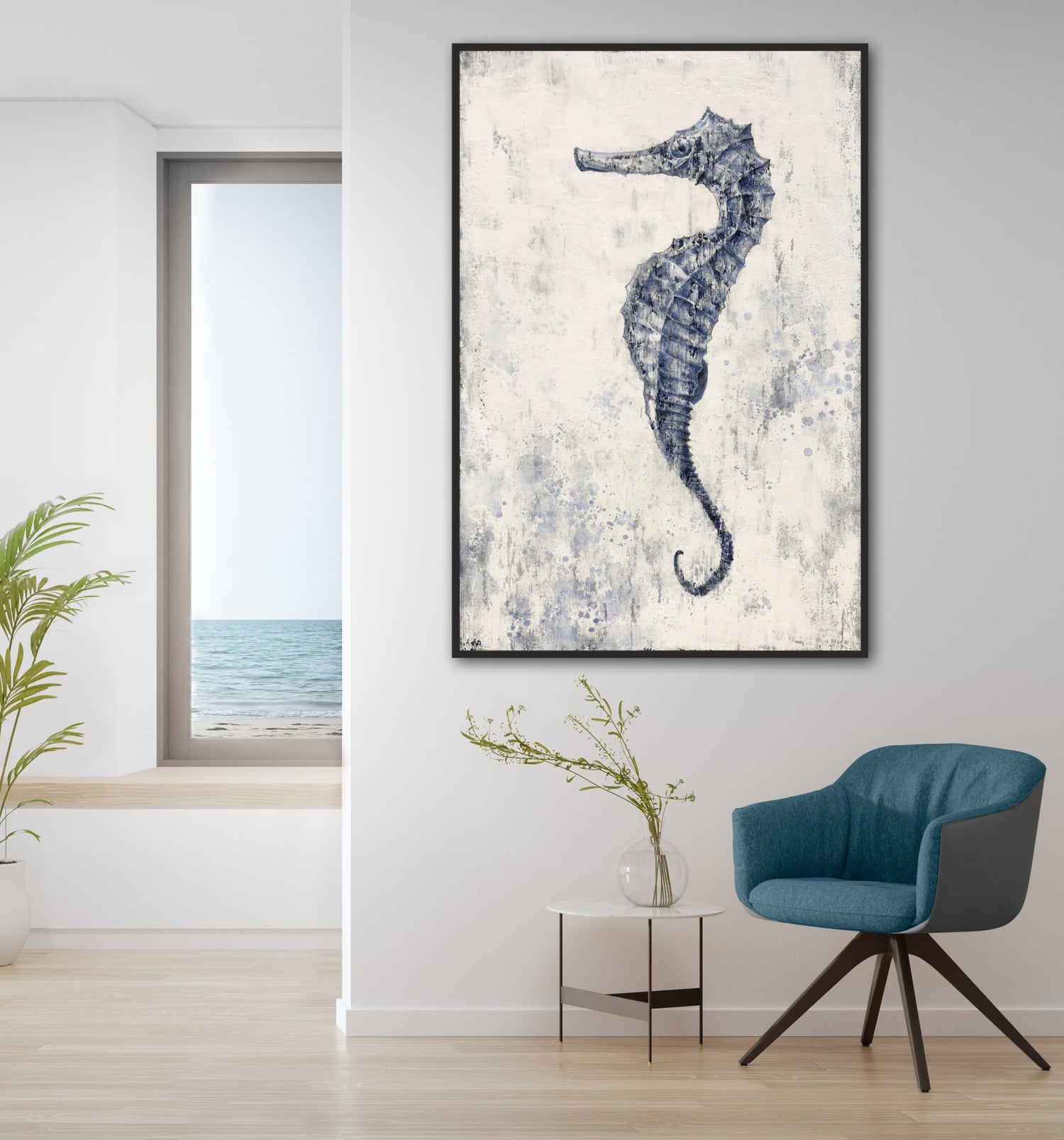 Vertical seahorse painting displayed in a modern living room with ocean views and minimalist decor.