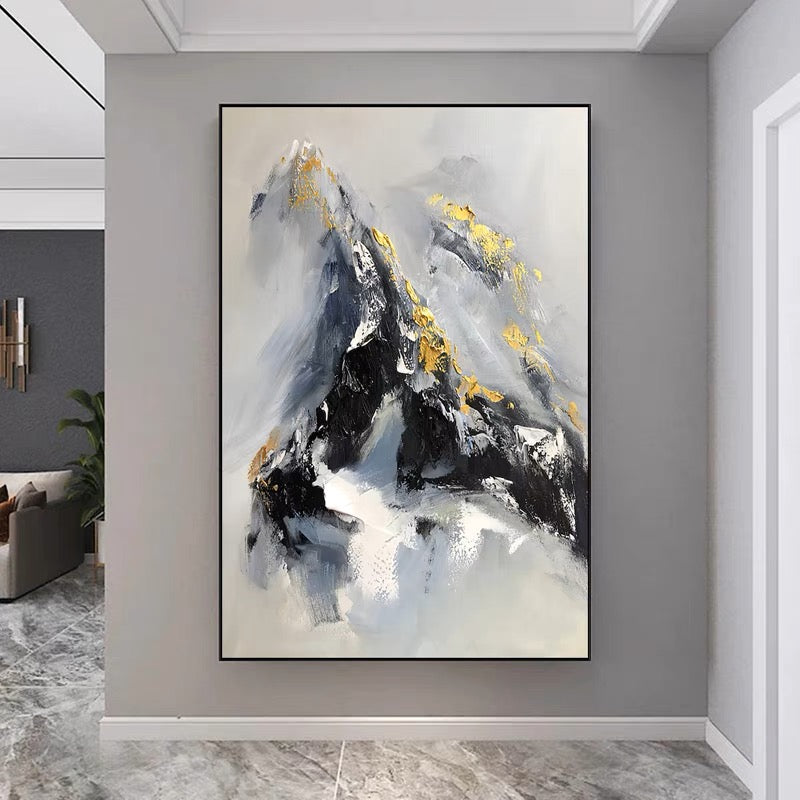 Modern canvas painting of a mountain landscape with gold accents, ideal for home or office decor.