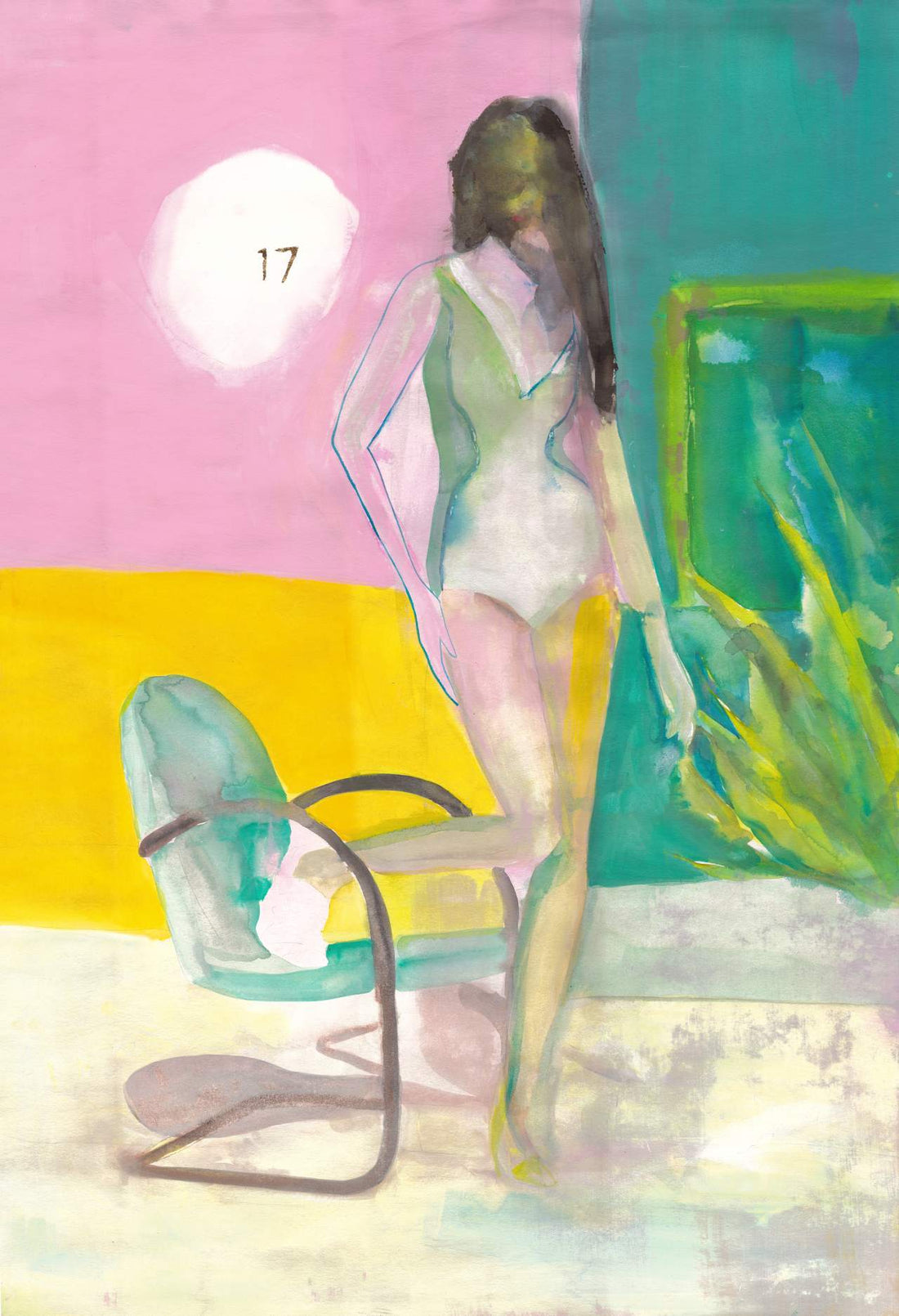 Figurative painting of a woman in a swimsuit, vibrant colors, hand-painted canvas artwork by Victoria Verbaan.