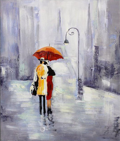 Romantic couple with umbrellas walking in the rain on a Parisian street, vibrant artwork on canvas.