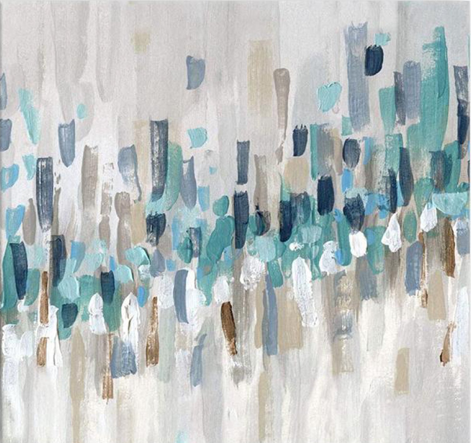 Abstract artwork titled Higher Beings, featuring layered textures in soft whites, blues, and shimmering silvers.