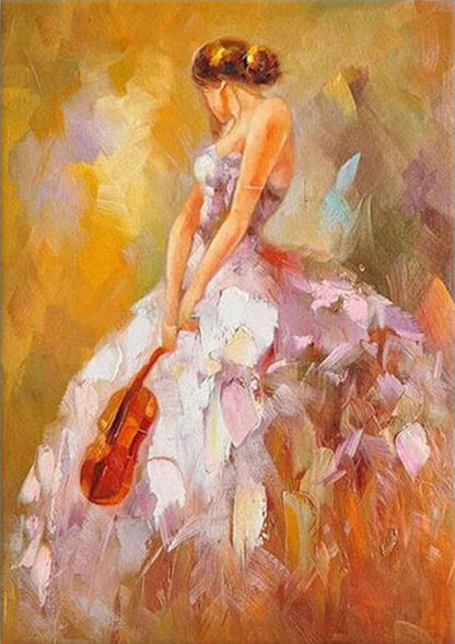 Abstract figurative art of a woman holding a violin, symbolizing empowerment and freedom in a vibrant palette.